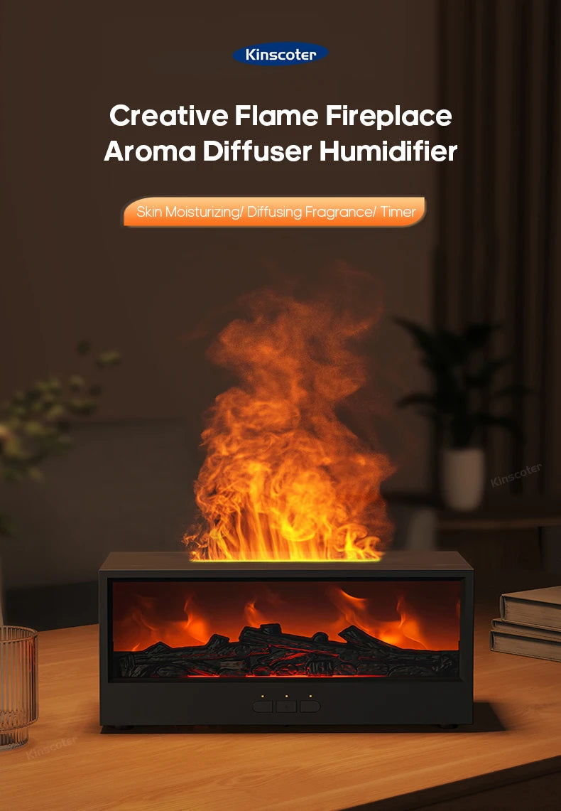 Fireplace Air Humidifier Waterless Auto-Off Aroma Essential Oil Diffuser with LED Light & Remote Control for Home Creative Gift