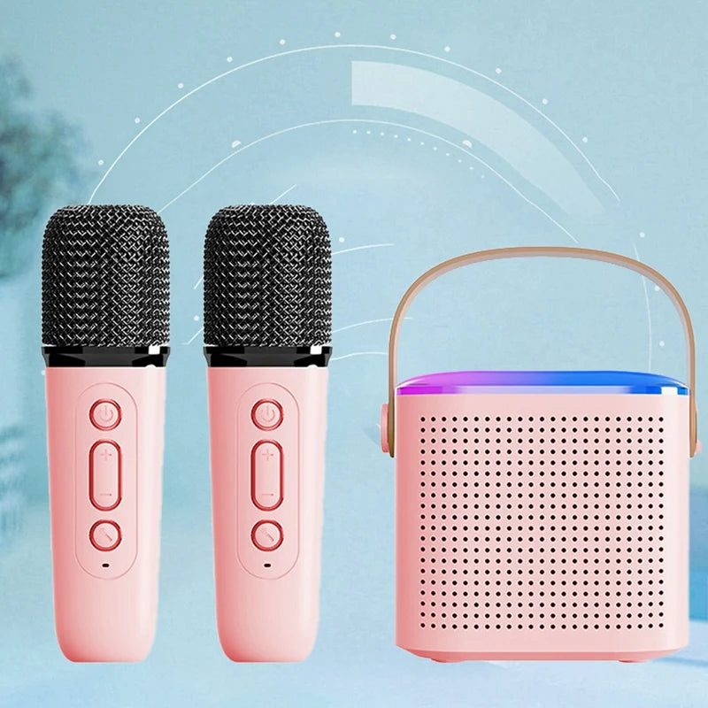 Portable Bluetooth 5.3 Speaker System With 2 Wireless Microphones Home Singing Speaker Durable Pink