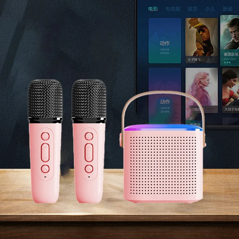 Portable Bluetooth 5.3 Speaker System With 2 Wireless Microphones Home Singing Speaker Durable Pink