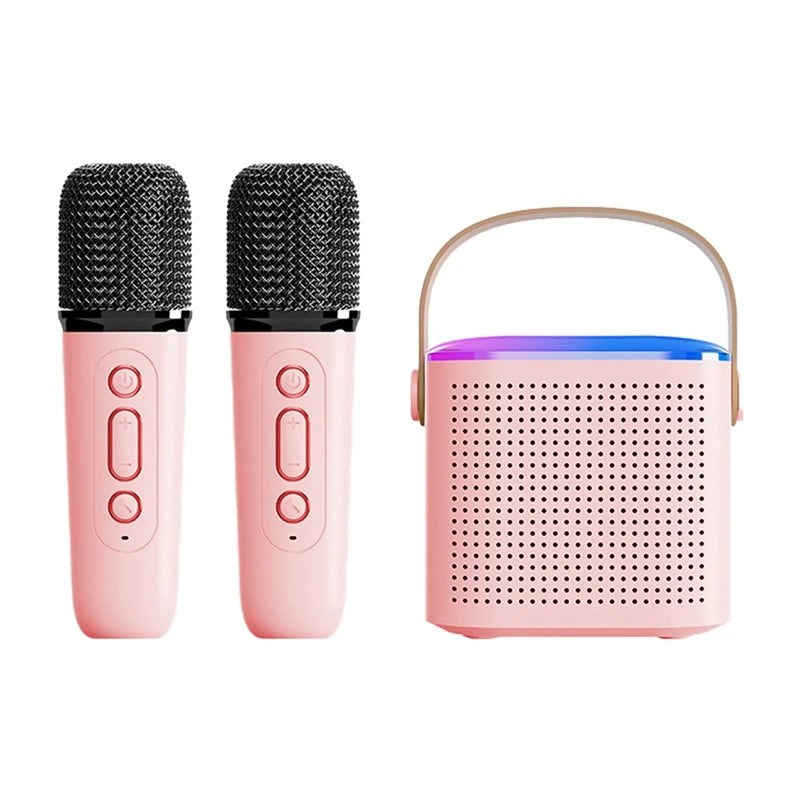Portable Bluetooth 5.3 Speaker System With 2 Wireless Microphones Home Singing Speaker Durable Pink