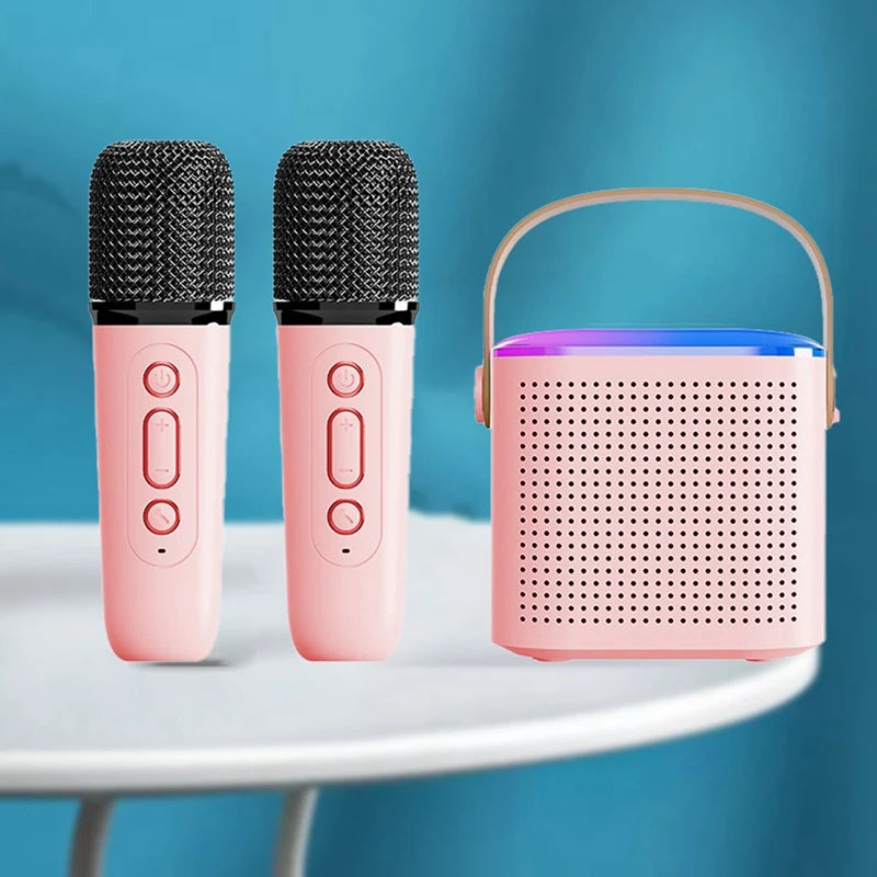 Portable Bluetooth 5.3 Speaker System With 2 Wireless Microphones Home Singing Speaker Durable Pink