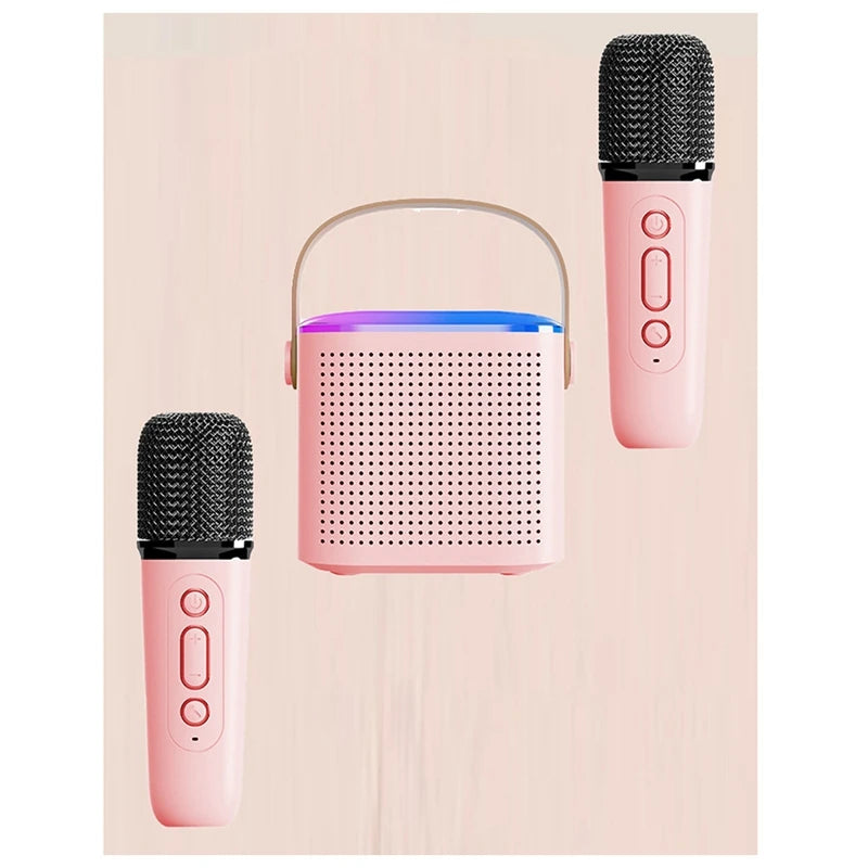 Portable Bluetooth 5.3 Speaker System With 2 Wireless Microphones Home Singing Speaker Durable Pink