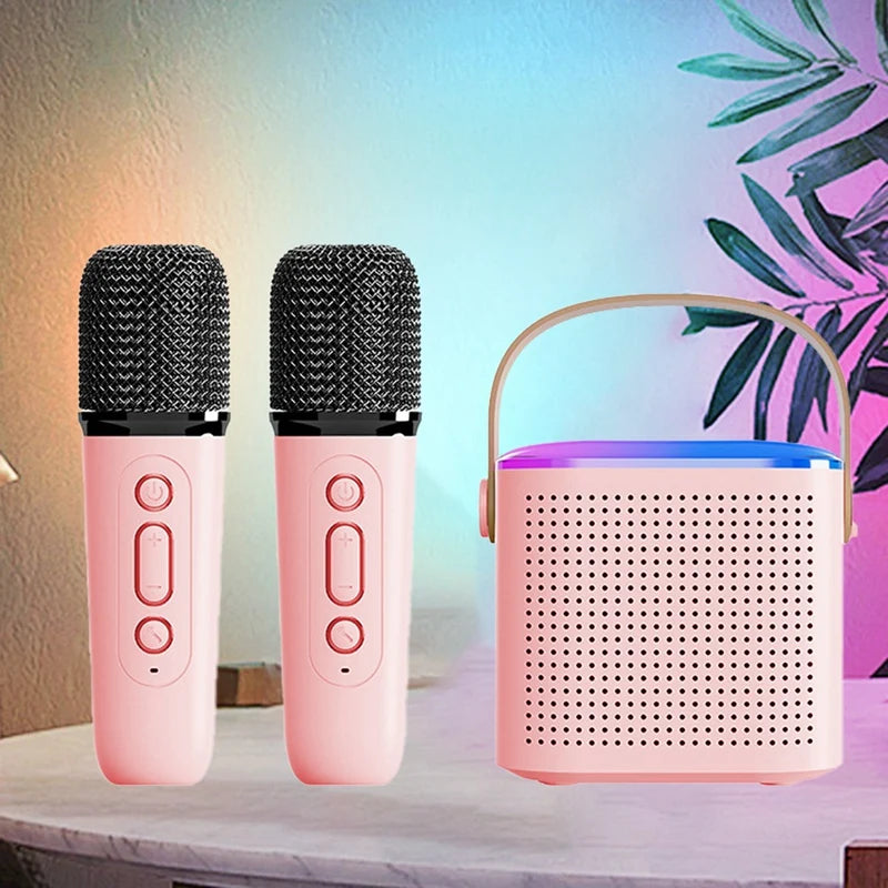 Portable Bluetooth 5.3 Speaker System With 2 Wireless Microphones Home Singing Speaker Durable Pink