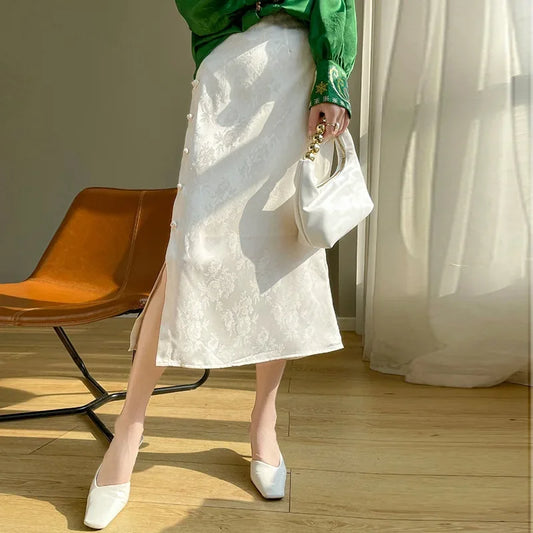 Retro Satin National Style Mini Skirt Women Thin New Chinese Style Slit A- Line Skirt High Waist Embroidered Button Long Skirt