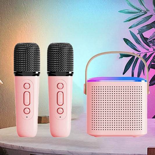 Portable Bluetooth 5.3 Speaker System With 2 Wireless Microphones Home Singing Speaker Durable Pink