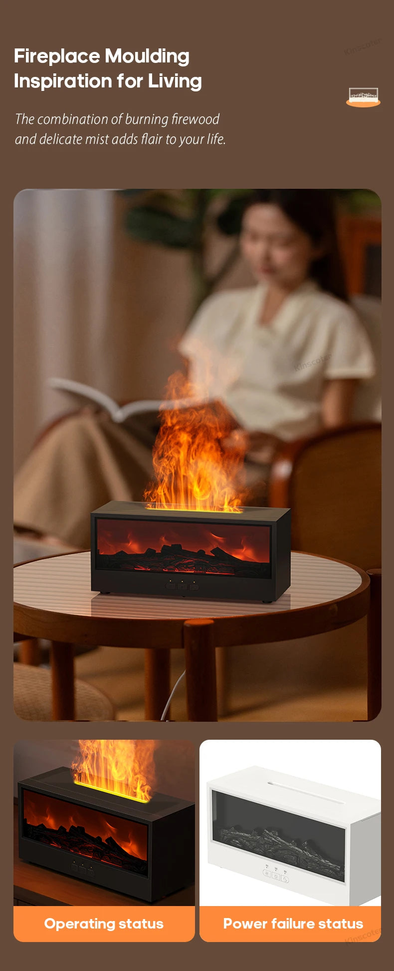 Fireplace Air Humidifier Waterless Auto-Off Aroma Essential Oil Diffuser with LED Light & Remote Control for Home Creative Gift